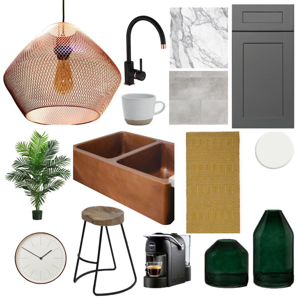 grey and copper kitchen moodboard