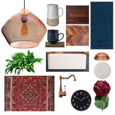 Copper and blue kitchen moodboard